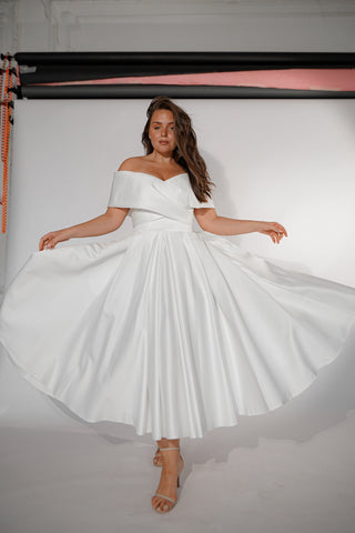 Light ivory Satin Midi Wedding Dress Cameron