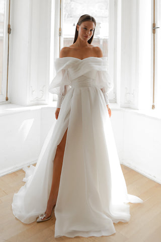 Light ivory Extra Convertible Wedding Dress Audrey (Basic dress + bolero + bow + detachable train)