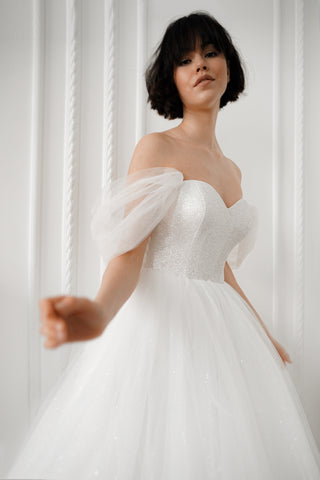 Off-The-Shoulder Shimmering Soft Tulle Wedding Dress Aleksis - Olivia Bottega