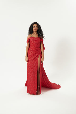 Red Glitter Mermaid Evening Dress Lovisa with Detachable Bow - Olivia Bottega