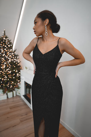 Black Sparkly Evening Dress Leona with Front Slit