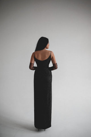 Black Sparkly Evening Dress Leona with Front Slit - Olivia Bottega