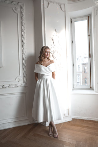 Light ivory Satin Midi Wedding Dress Cameron